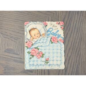 New Baby in a Crib with Blue Blanket and Pink Roses, Vintage Used Greeting Card,